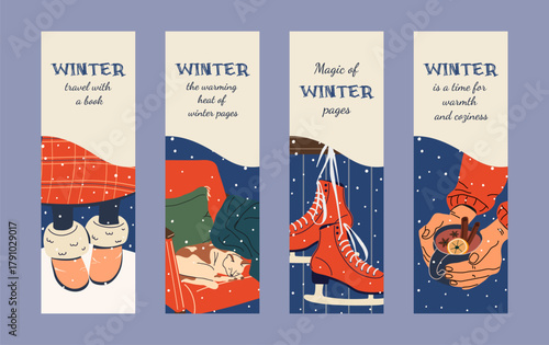 Winter bookmarks with cozy illustrations: a sleeping cat under a blanket, falling snow, a hot cinnamon drink, warm boots, and skates hanging on the wall. Vertical format.