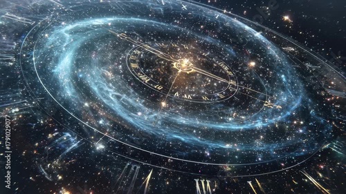 Stunning cosmic clock in a vast galaxy with intricate designs and celestial wonders in motion