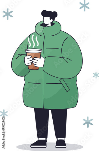 A person in a large green winter coat holds a steaming cup on a snowy day