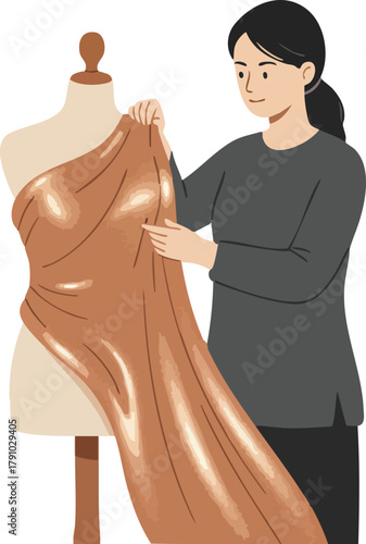 A fashion designer drapes shiny brown fabric over a mannequin, adjusting it with focus and care