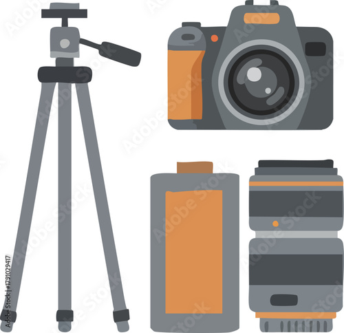 Set of photography equipment including a camera, tripod, lens, and film roll in modern style