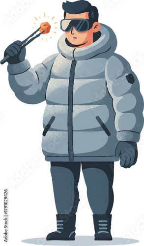 A person in a thick gray winter jacket and sunglasses holds roasted marshmallows with tongs