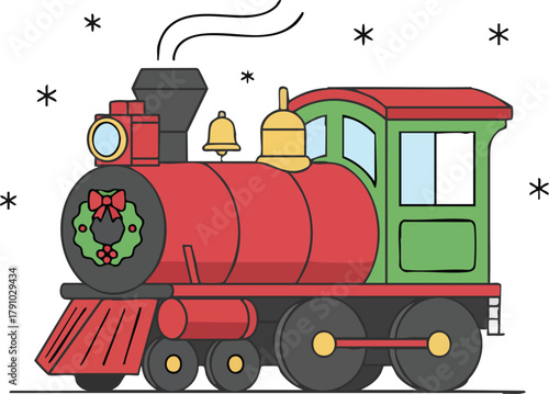 A festive red and green steam train decorated with a holiday wreath chugs through falling snow
