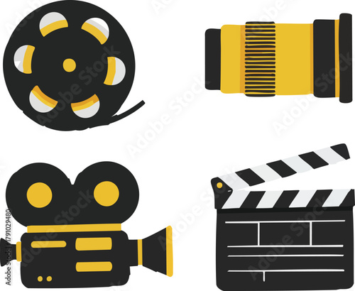 Set of black and yellow film production icons including a reel, camera, lens, and clapperboard