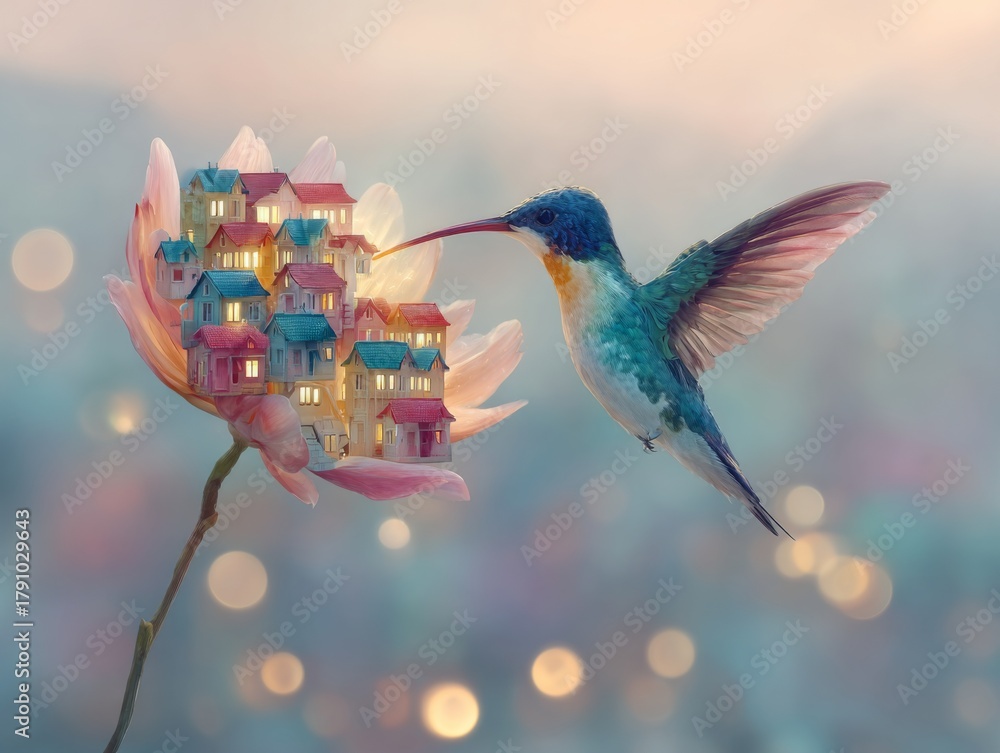 Fototapeta premium Surreal digital painting of a hummingbird feeding from a flower with tiny houses