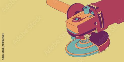 Colorful vector illustration of an angle grinder tool on yellow background. Showing industrial design, mechanics, engineering, power tools and workshop equipment concept in a modern style.