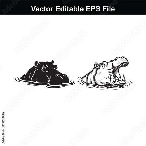 Black and white illustration of a hippopotamus head in silhouette and a detailed drawing with open mouth, emerging from water