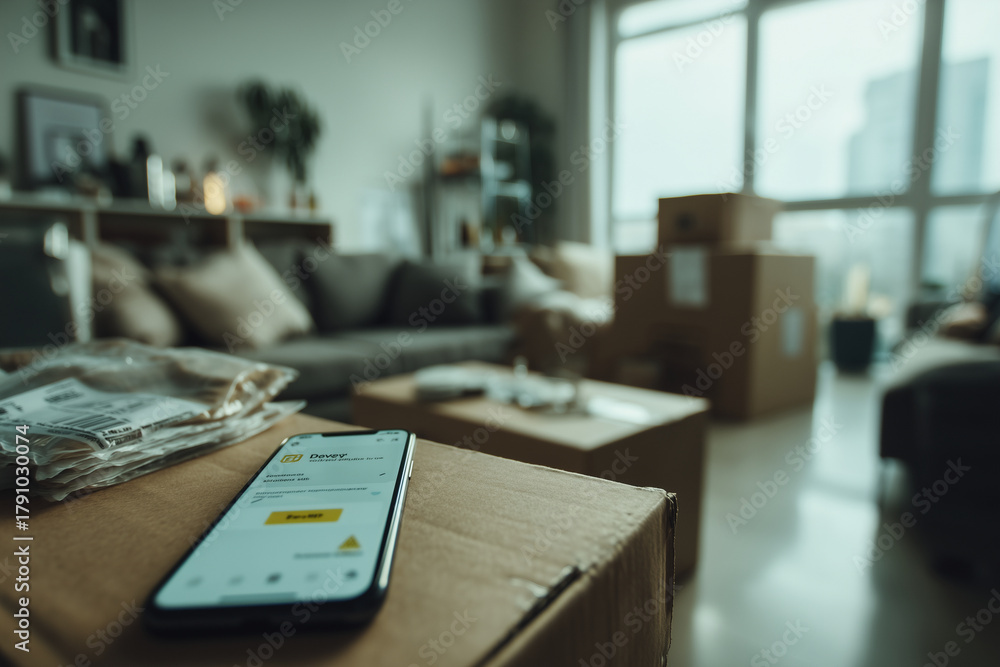 Naklejka premium Smartphone with delivery tracking app on cardboard box in modern living room, concept of online shopping, logistics and parcel delivery 