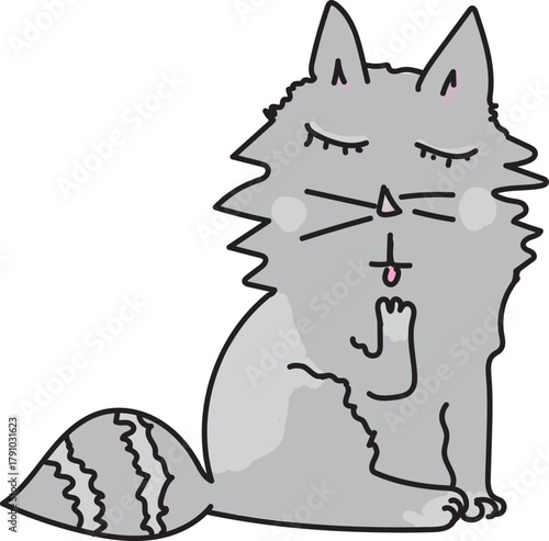 Cartoon drawing of gray cat with closed eyes licking its paw. Simplistic style.