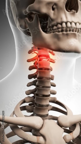 Neck pain or injury Illustrated view of the cervical spine anatomy highlighted