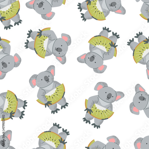 Pattern with cute cartoon koala with kiwi. Funny rainforest animal. flat vector illustration 