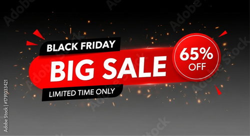 A striking promotional banner announces a 'Black Friday Big Sale' event with a generous 65% discount, designed to capture attention and encourage purchases.  vector illustration