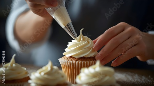 Female Professional Cake Designer Icing Vanilla Cupcake with Piping Bag , Sweet and Delicious Dessert Creation