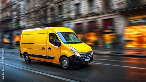 Fototapeta Naklejka Na Ścianę i Meble -  Stunning photo of yellow delivery van driving on a city street with motion blur.