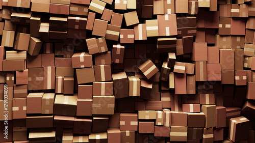 Foto Chaotic Stacks of Brown Cardboard Boxes with Labels and Tape