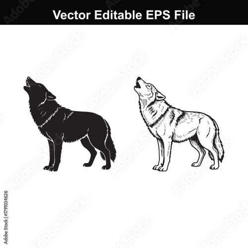 Two wolves howling, one in silhouette and one in sketch style