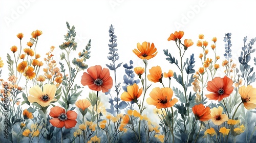 Delicate spring wildflowers watercolor on white background, copy space