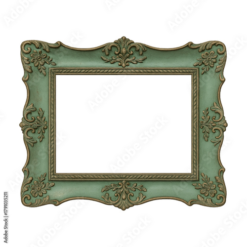 Elegant antique green and gold picture frame with ornate baroque carvings, isolated object ready to use on a transparent background