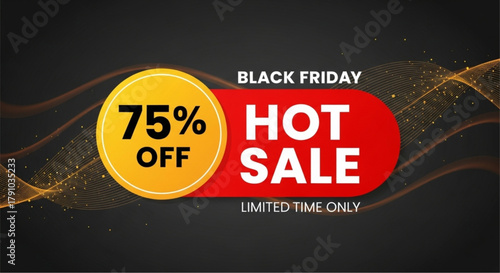 An eye-catching sale banner announces a Black Friday Hot Sale with a generous 75% discount, presented against a sleek backdrop to entice customers. vector illustration