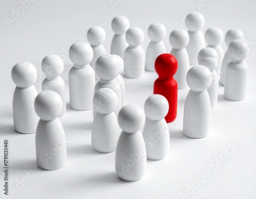 Red Wooden Peg Doll Standing Out in a Crowd of Neutral/White Wooden People Figurines, Symbolizing Uniqueness