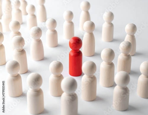 Red Wooden Peg Doll Standing Out in a Crowd of Neutral/White Wooden People Figurines, Symbolizing Uniqueness