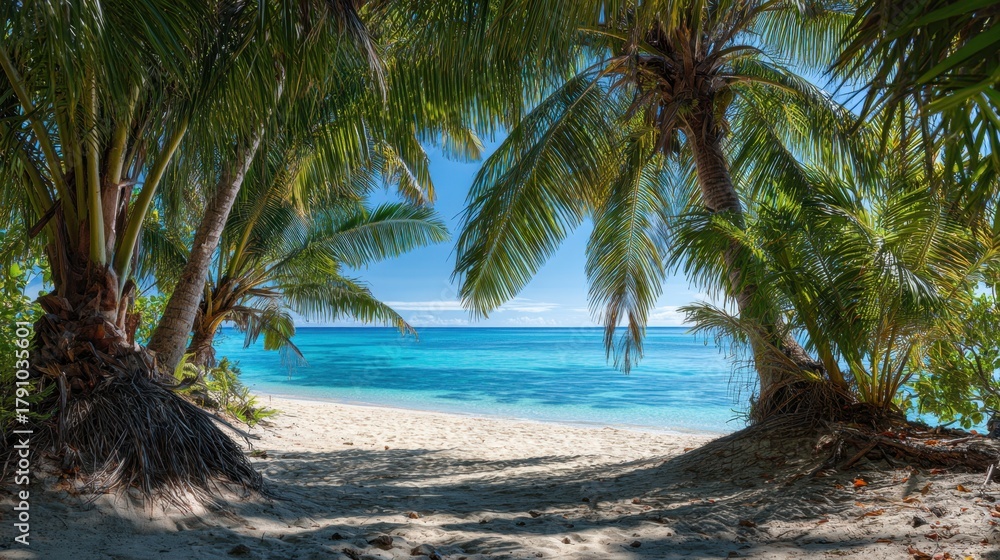 Fototapeta premium Sunlight filters through palm leaves casting shadows on a serene beach with crystal clear waters.