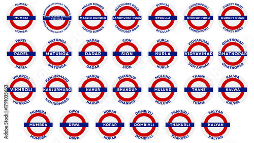 Collection of Vector illustrations of Mumbai local train central line station name boards with red-blue circular design, perfect for maps, posters, travel, and transport graphics.