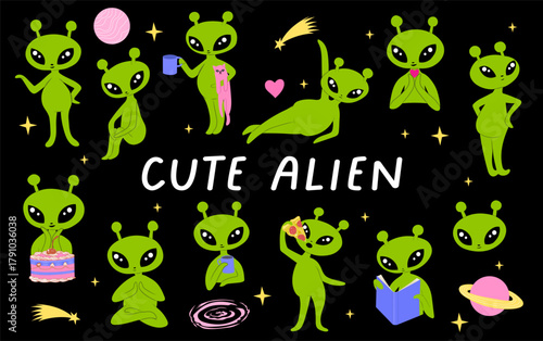 Cute and Sassy Alien Set – Reading, Holding Cat, Eating Pizza, Drinking Tea or Coffee, and Meditating