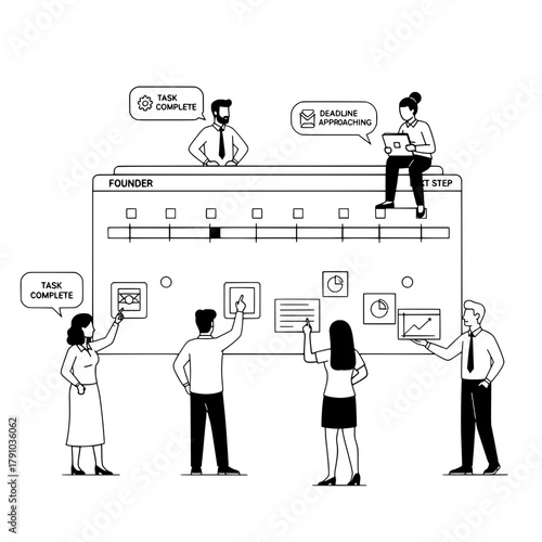 Professional business team and founder collaborating on a large interactive project management timeline board showcasing task progress and impending deadlines