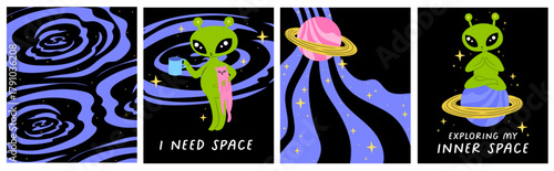 Introverted Alien with Cat and Tea, Meditating Alien, Planet in Galaxy, and Abstract Cosmic Background. Greeting Card Set, Banner, Poster, Cover Templates