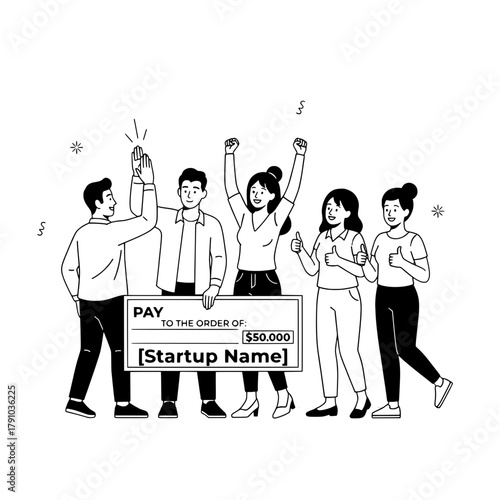 Diverse enthusiastic startup team celebrating a significant financial investment with a large check in a joyful professional setting