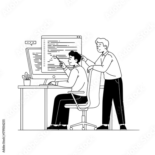 Two young male developers collaborate on a programming project reviewing code on a desktop computer in a modern office workspace