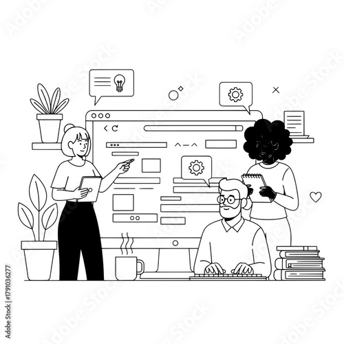 Diverse professional team collaborating on a digital project in a modern office with a computer screen and potted plants symbolizing innovation