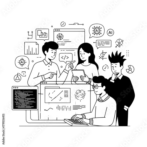 Diverse tech team collaboratively developing AI and data solutions at a modern workstation with digital interfaces programming highlighting advanced software development