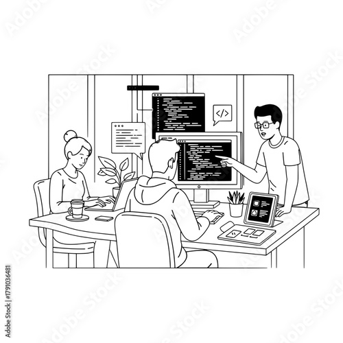 Young software developers are actively collaborating and coding on multiple computer screens in a modern tech office environment