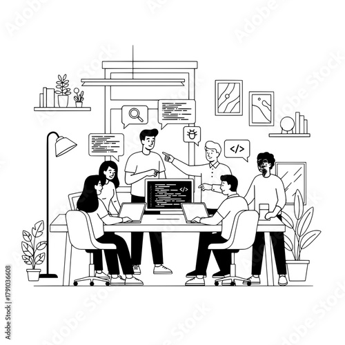 Professional software developers actively collaborating coding on laptops computers in a modern office workspace focused on innovative programming technology