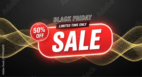 Captivating visual announcing a Black Friday sale. Showcasing a vibrant red sale badge against a dynamic dark background, this eye-catching design guarantees to attract customers. vector illustration