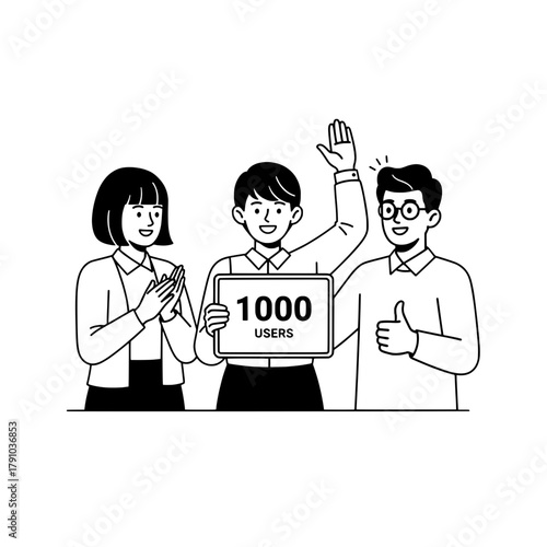 Diverse business people team celebrating a 1000 user milestone displaying a sign with clapping and thumbs up in a minimal graphic on a white background
