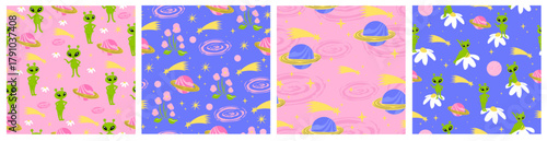 Seamless Vector Pattern Set – Cute Aliens, Planets, Flowers, Galaxies in Pink and Purple for Fabric, Wrapping Paper, and Invitations