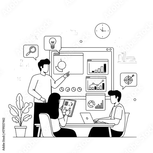 Diverse professionals collaborate analyzing digital marketing data and developing strategy within a modern office workspace