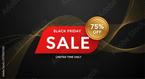 A striking Black Friday sale advertisement, with an elegant design featuring flowing gold accents, and a bold red banner to emphasize the discount. vector illustration