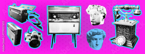 Retro Pop Art Collection of Vintage Tech and Classical Sculptures. David Busts in halftone style