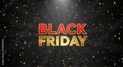 Captivating 'Black Friday' visual announcement, with gold lettering on a backdrop of falling confetti creating a striking message. vector illustration