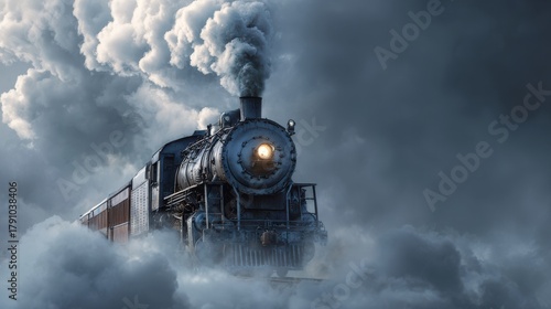 Stunning photo of dramatic front view of a vintage steam train chugging through billowing clouds of smoke, evoking a sense of nostalgia and adventure.