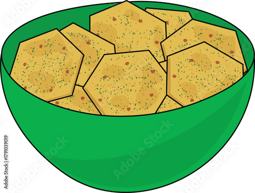 A vector illustration showing a green bowl filled with hexagon shaped savory chips or crackers seasoned with herbs and spices