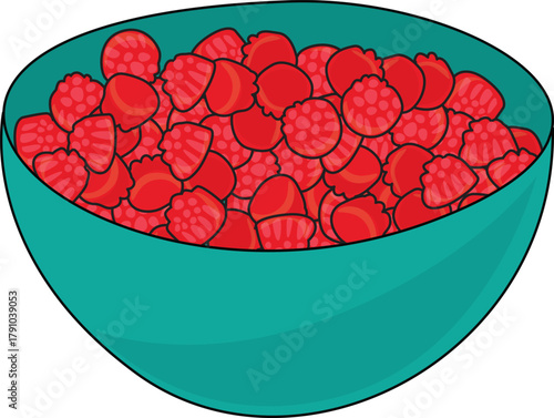 A vector illustration showing a teal bowl filled to the brim with red raspberry-shaped hard candies or jelly sweets