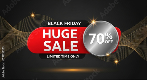 A dynamic and visually striking banner for Black Friday Huge Sale, with a prominent 70% off offer. The design combines bold typography, vibrant colors. vector illustration