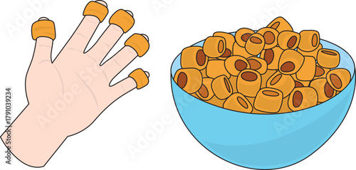 A vector illustration showing a hand with a puffed ring snack on each fingertip next to a bowl full of the same crunchy snacks