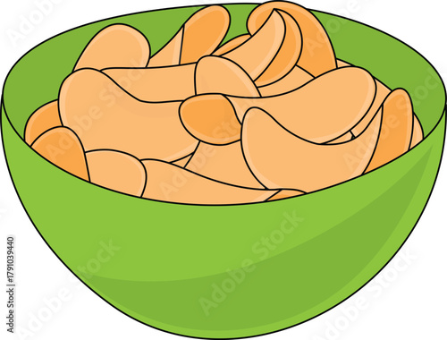 A vector illustration showing a green serving bowl filled with crunchy, golden-orange, saddle-shaped potato chips