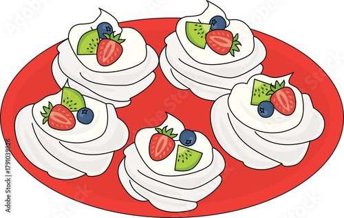A vector illustration showing five individual meringue desserts topped with whipped cream and mixed fruit slices on a red oval plate